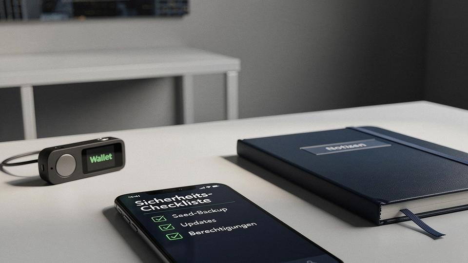 Sichere Wallet-Nutzung: Smartphone mit Sicherheits-Checkliste und Hardware-Wallet im Hintergrund